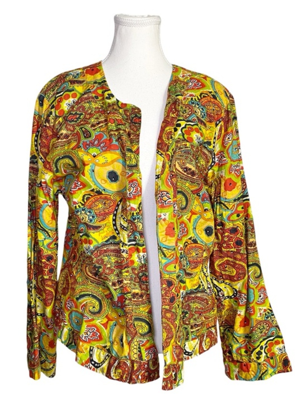 Alex Kim Vibrant Retro Floral Paisley Open-Front Jacket Boho